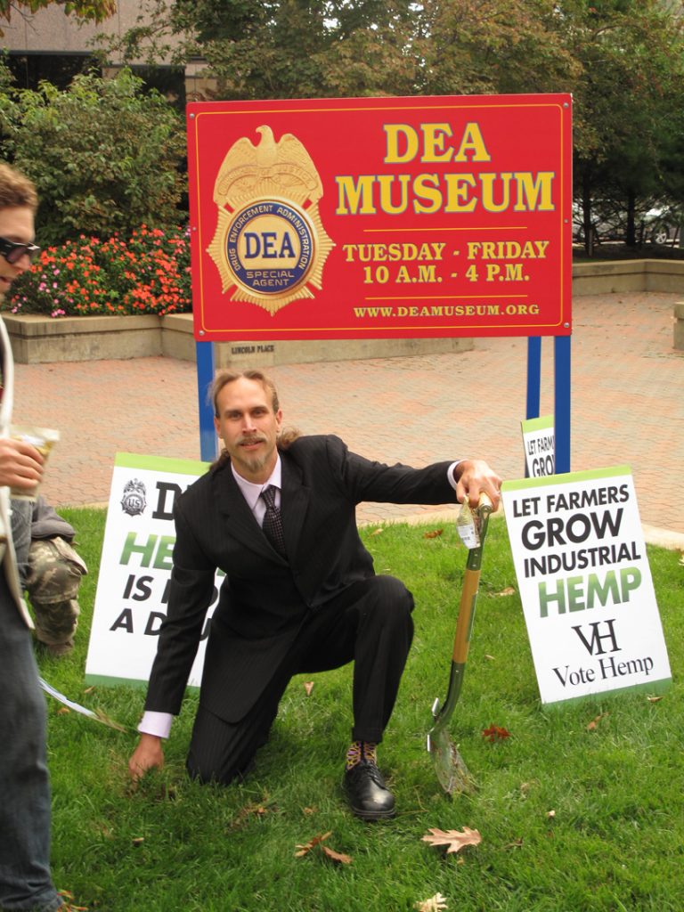 David Bronner plants hemp on the DEA headquarters lawn